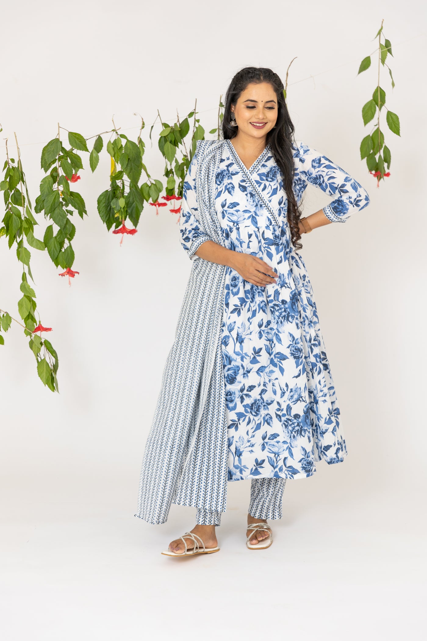 Blue Floral Angrakha maternity feeding suit set