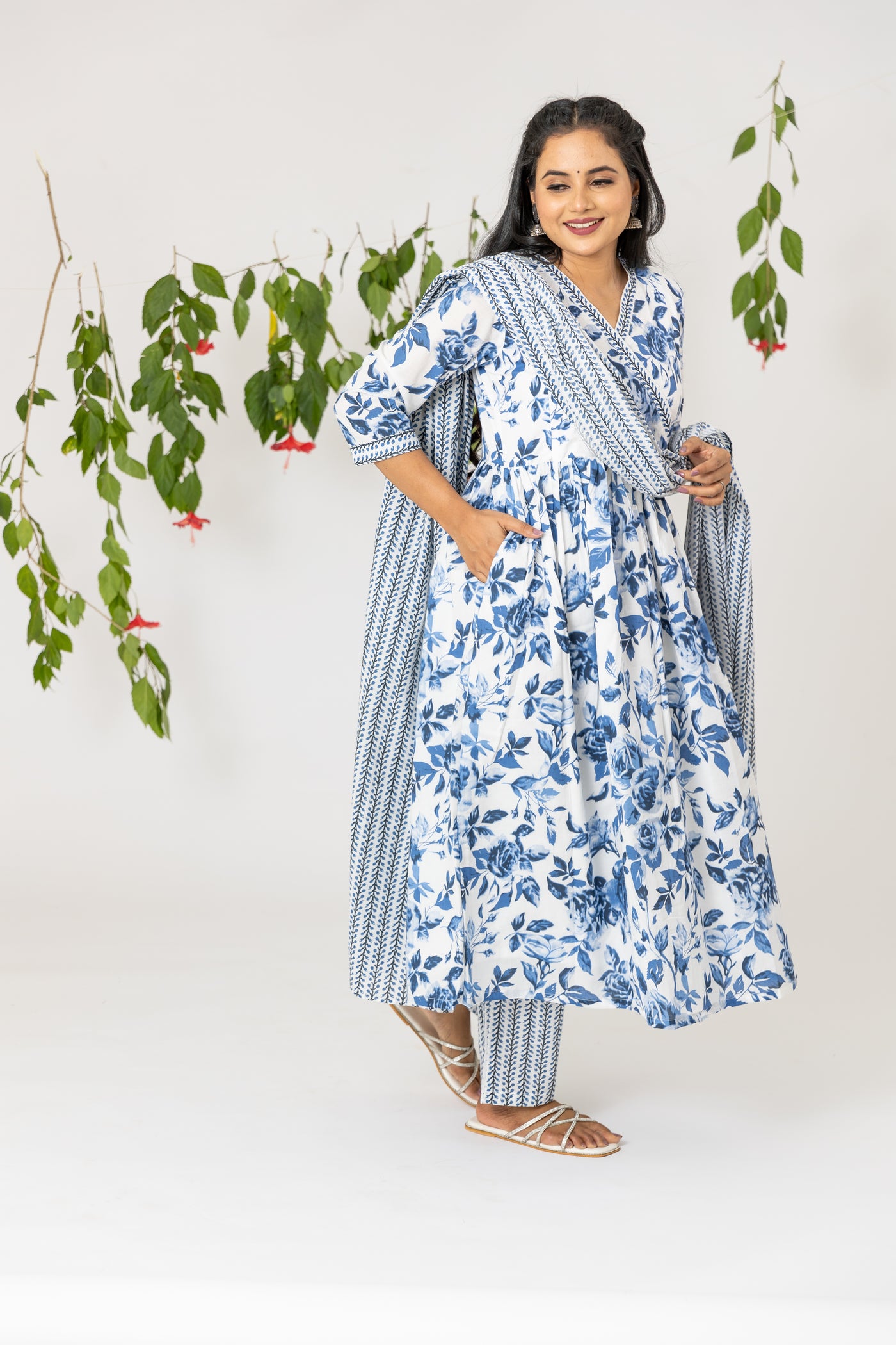 Blue Floral Angrakha maternity feeding suit set