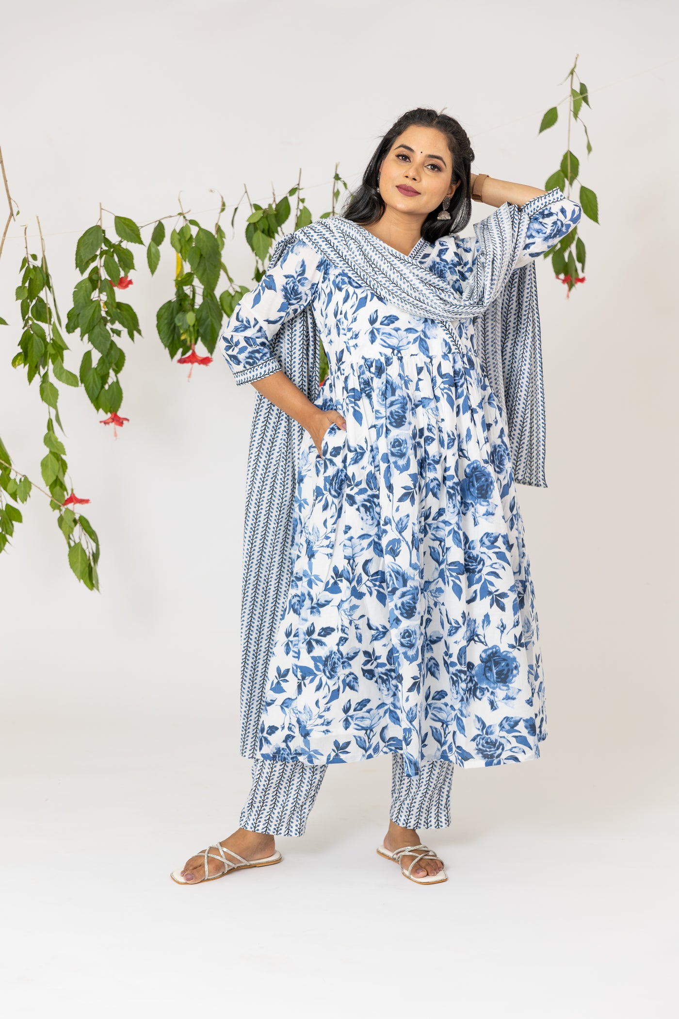 Blue Floral Angrakha maternity feeding suit set