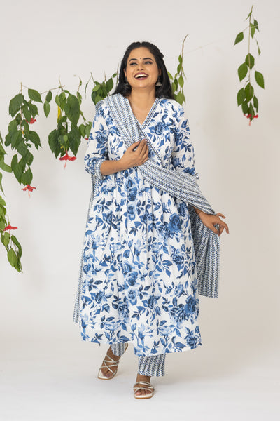 Blue Floral Angrakha maternity feeding suit set