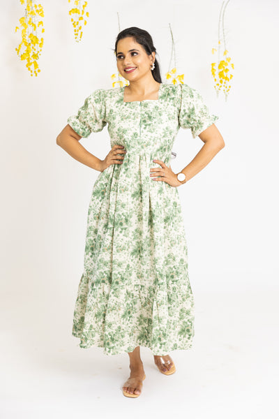 Green floral Cotton Midi dress