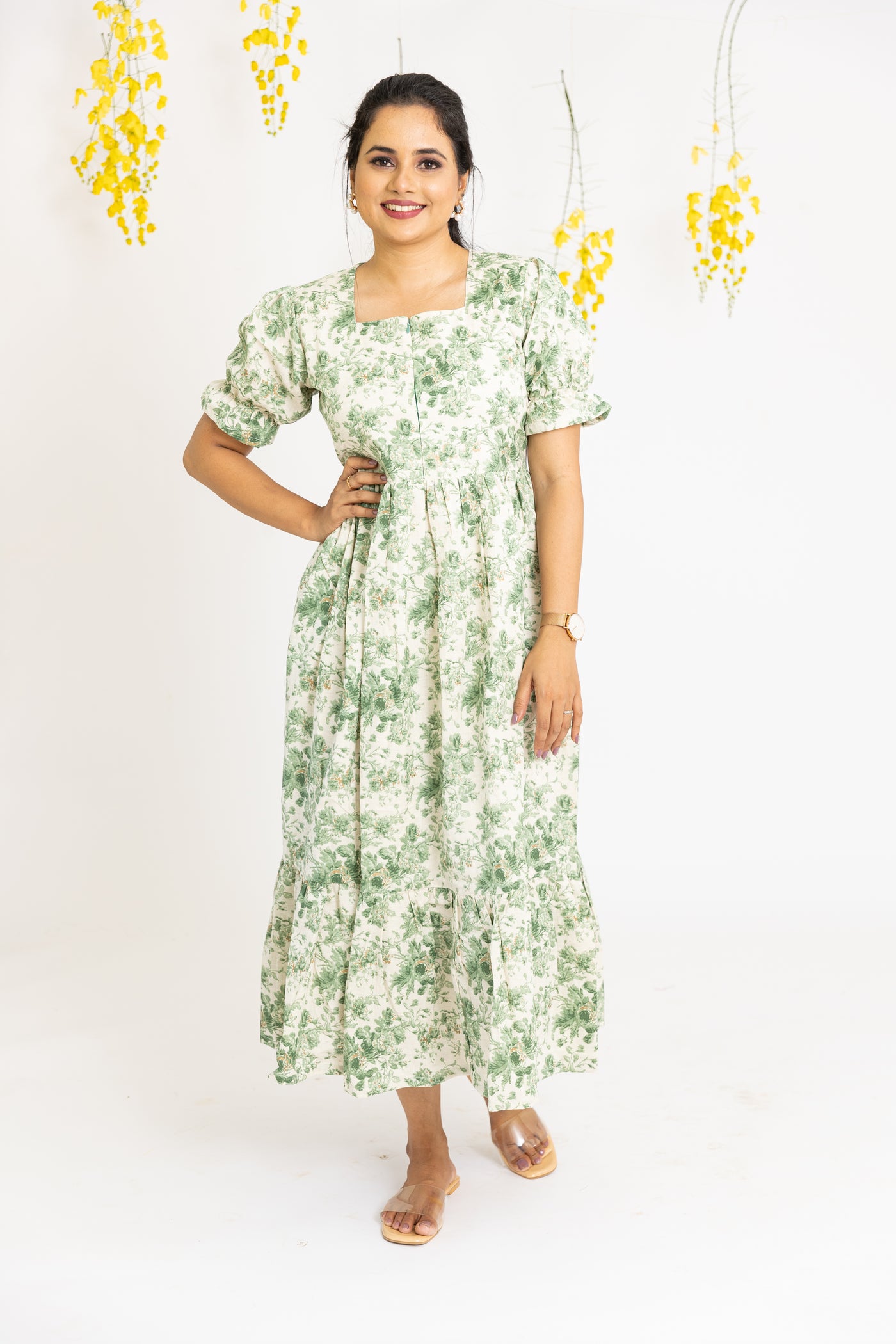 Green floral Cotton Midi dress