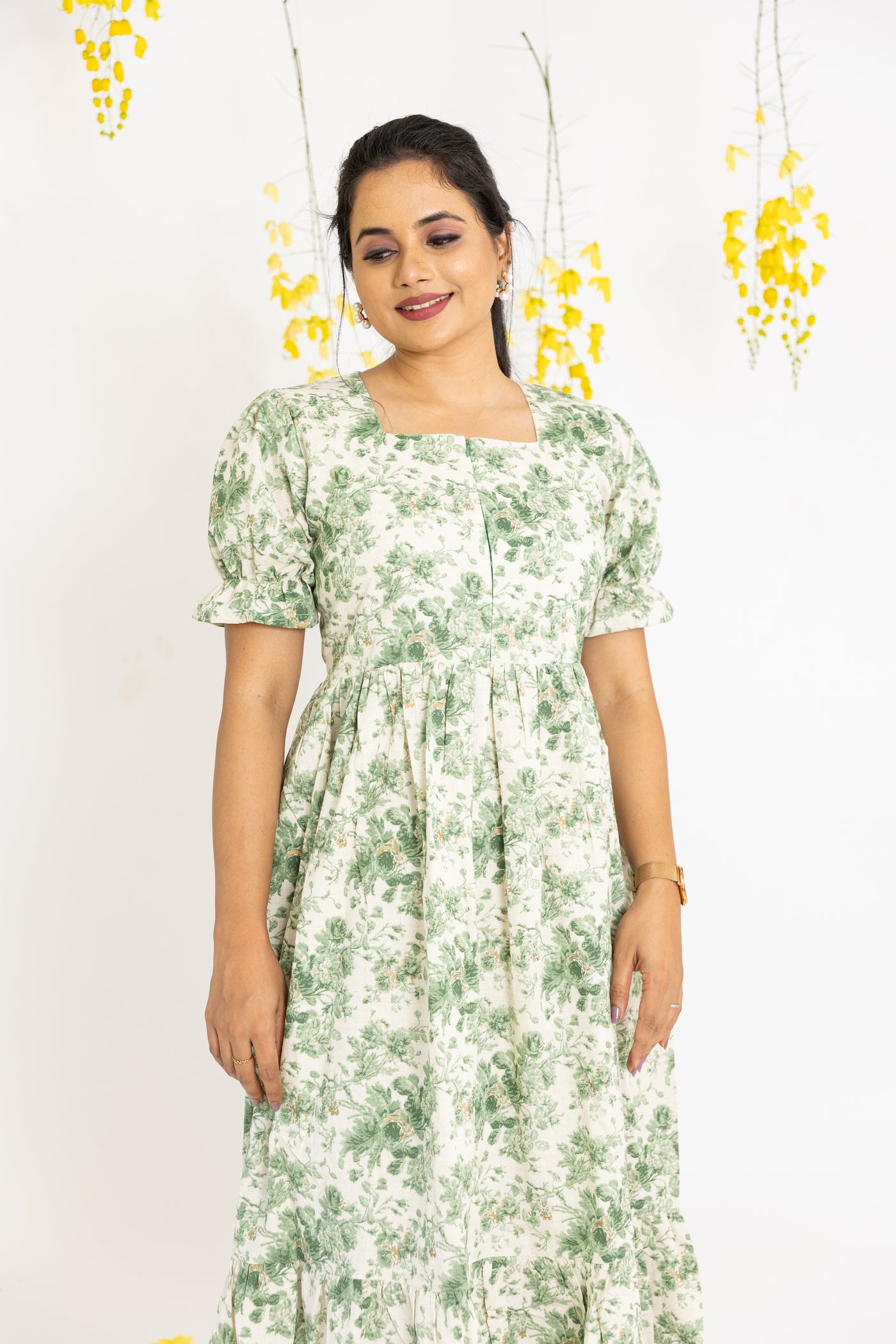 Green floral Cotton Midi dress