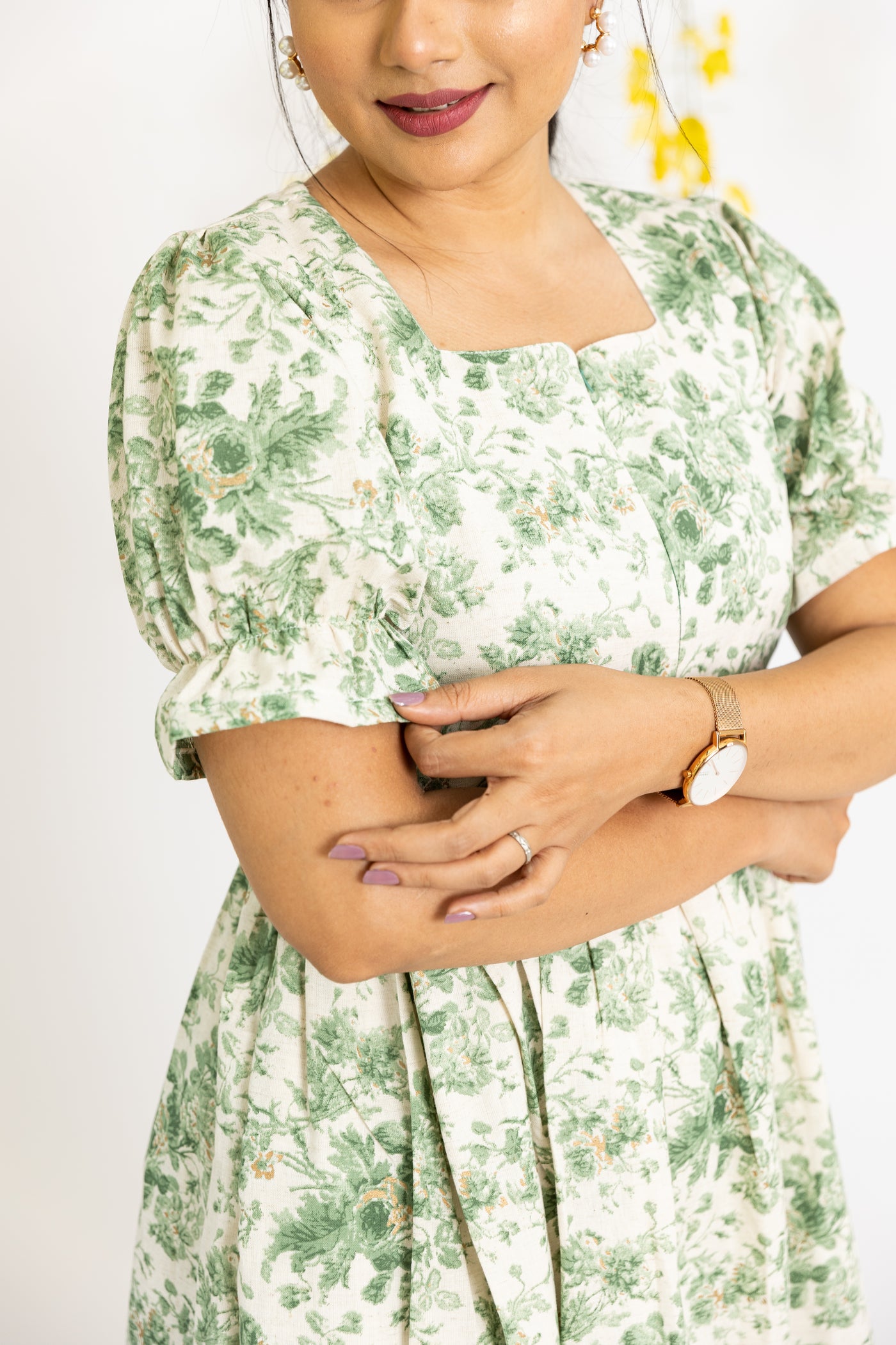 Green floral Cotton Midi dress