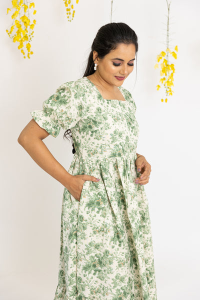 Green floral Cotton Midi dress