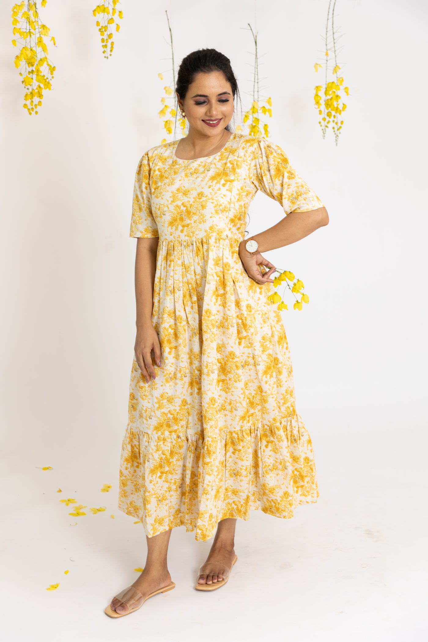 Yellow floral Maternity Nursing Midi dress