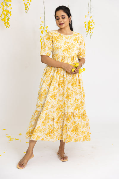 Yellow floral Maternity Nursing Midi dress