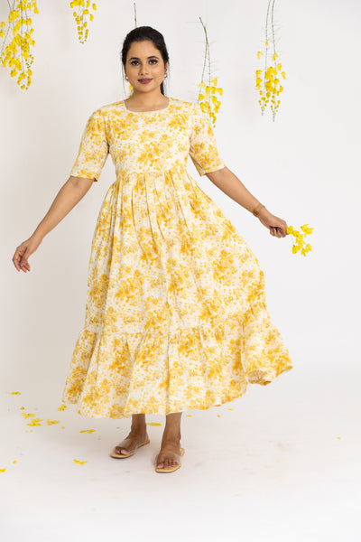 Yellow floral Maternity Nursing Midi dress