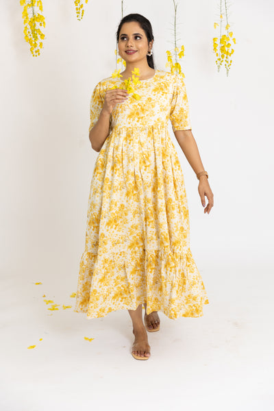 Yellow floral Maternity Nursing Midi dress