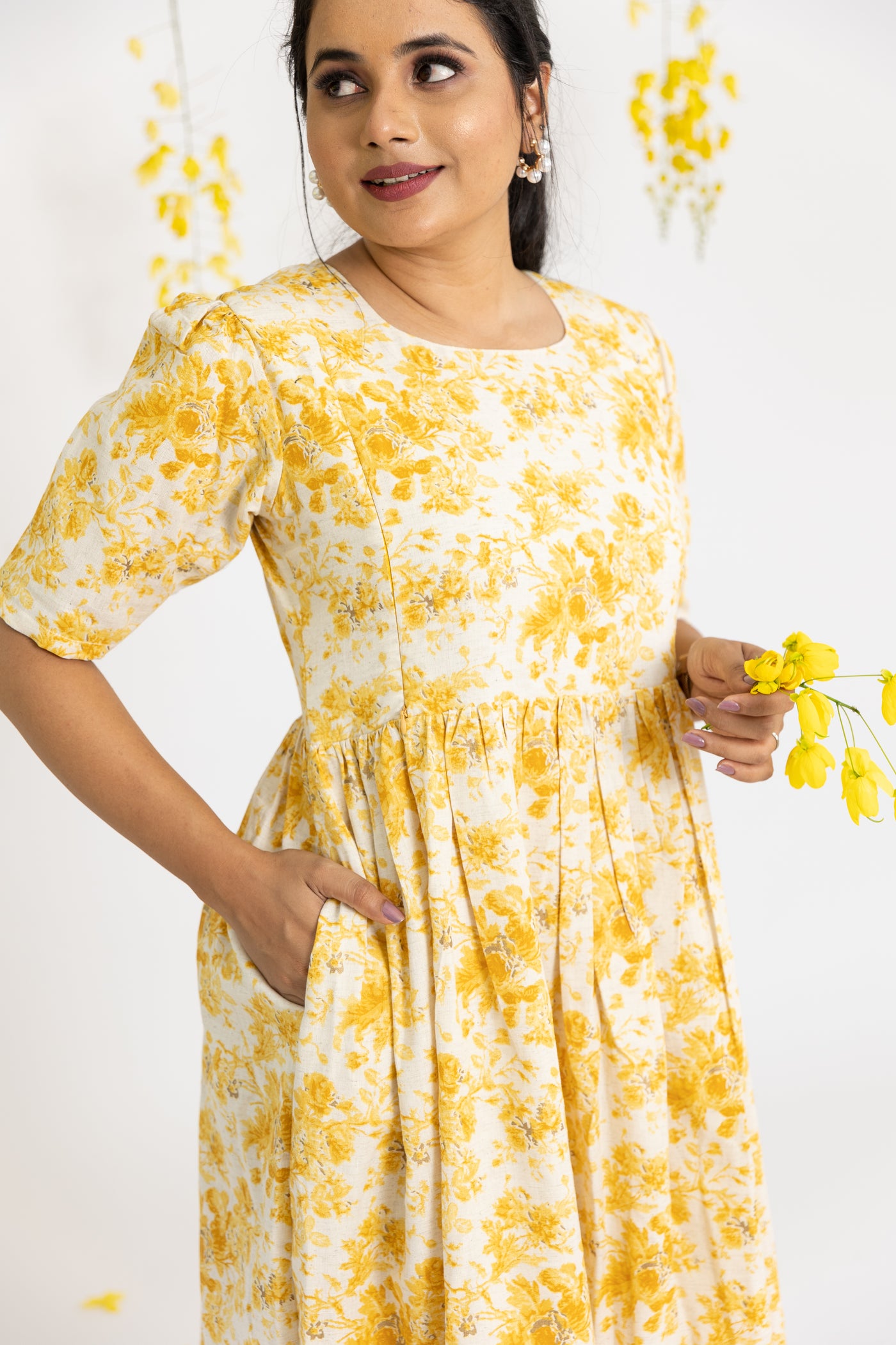 Yellow floral Maternity Nursing Midi dress