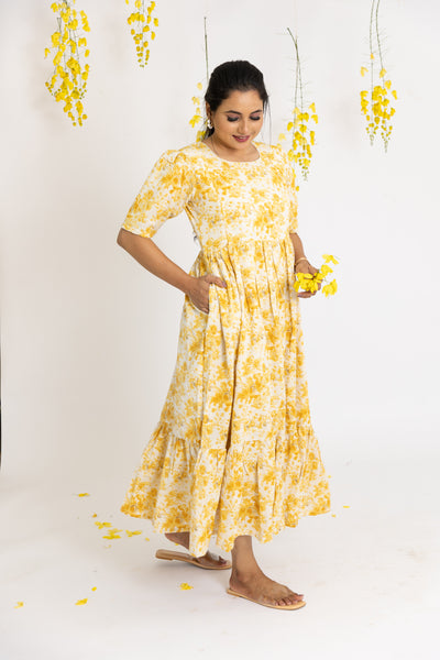 Yellow floral Maternity Nursing Midi dress