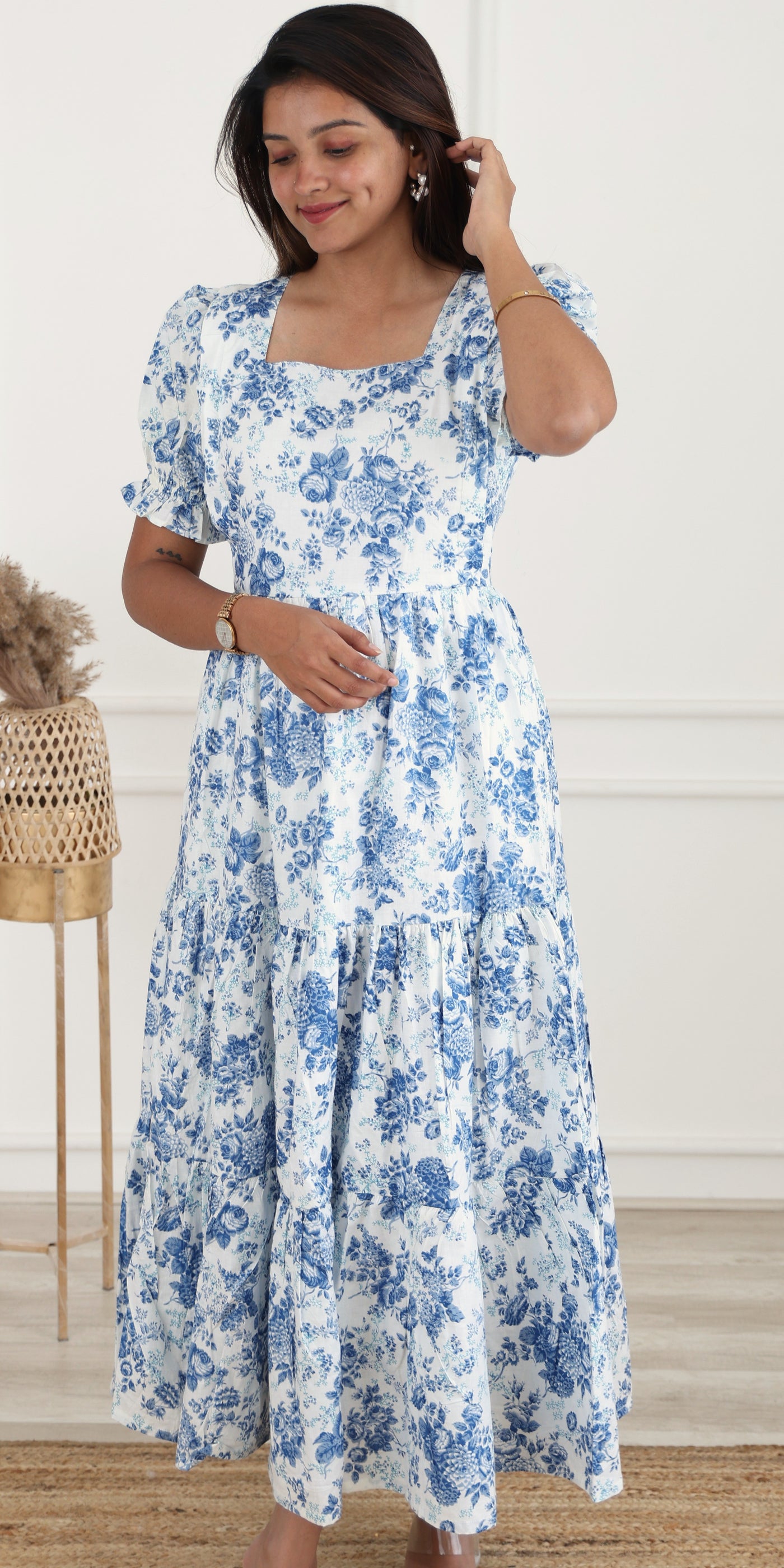 Inaya Blue – Maternity & Nursing Maxi Dress with Square Neck, 3 Tiers, Elastic Sleeves & Concealed Zips