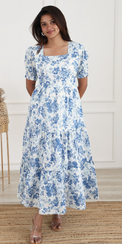 Inaya Blue – Maternity & Nursing Maxi Dress with Square Neck, 3 Tiers, Elastic Sleeves & Concealed Zips