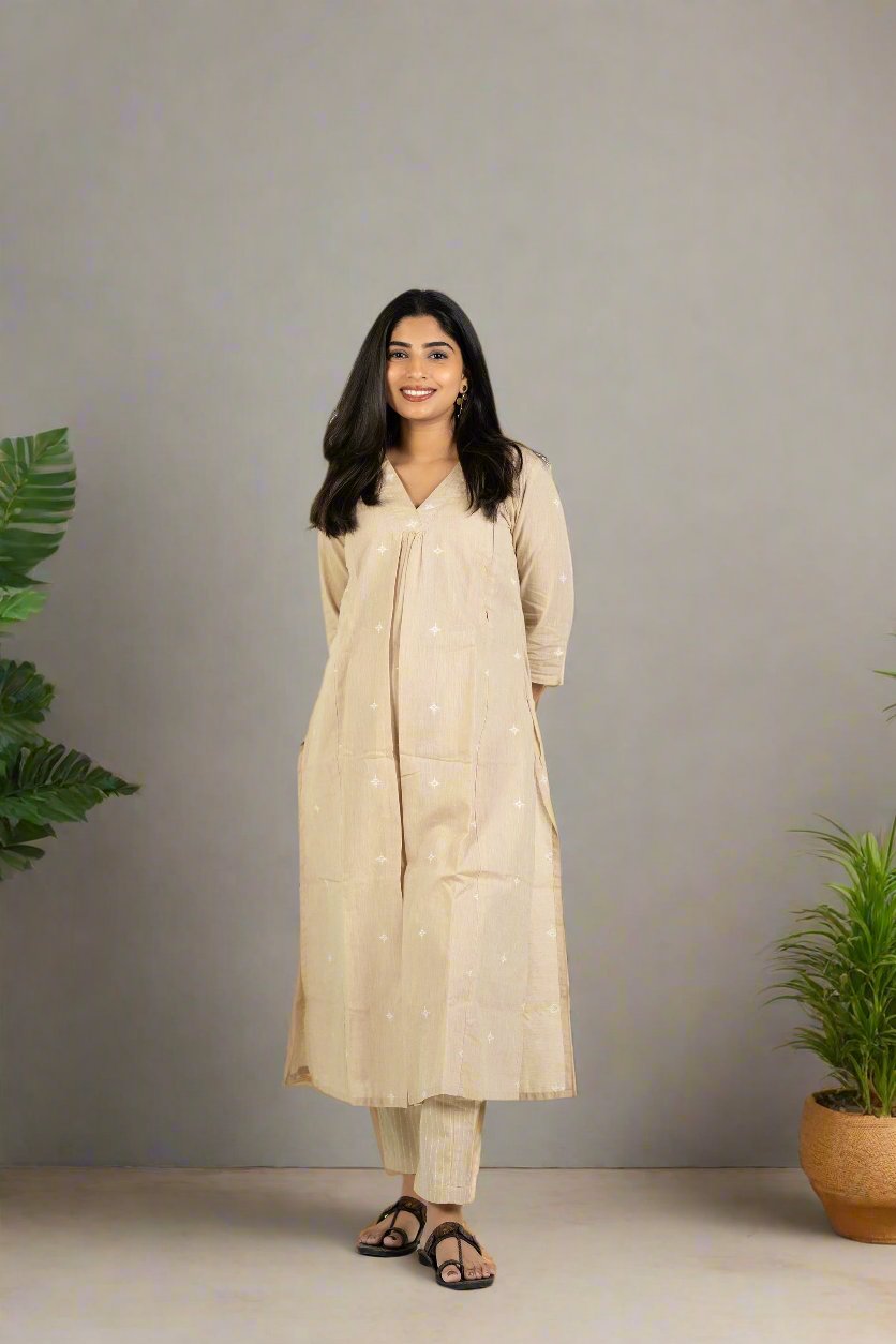 Vedika - Beige Cotton Kurta Set for Nursing Moms