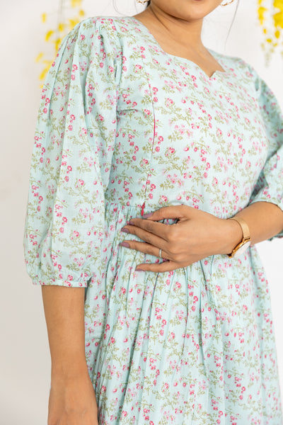 Floral printed cyan tiered Maternity Feeding dress