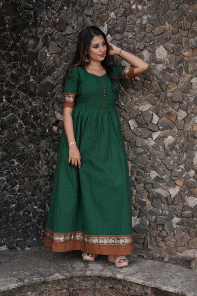 Green handloom cotton Maternity Feeding maxi dress