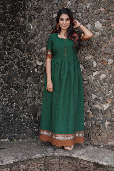 Green handloom cotton Maternity Feeding maxi dress