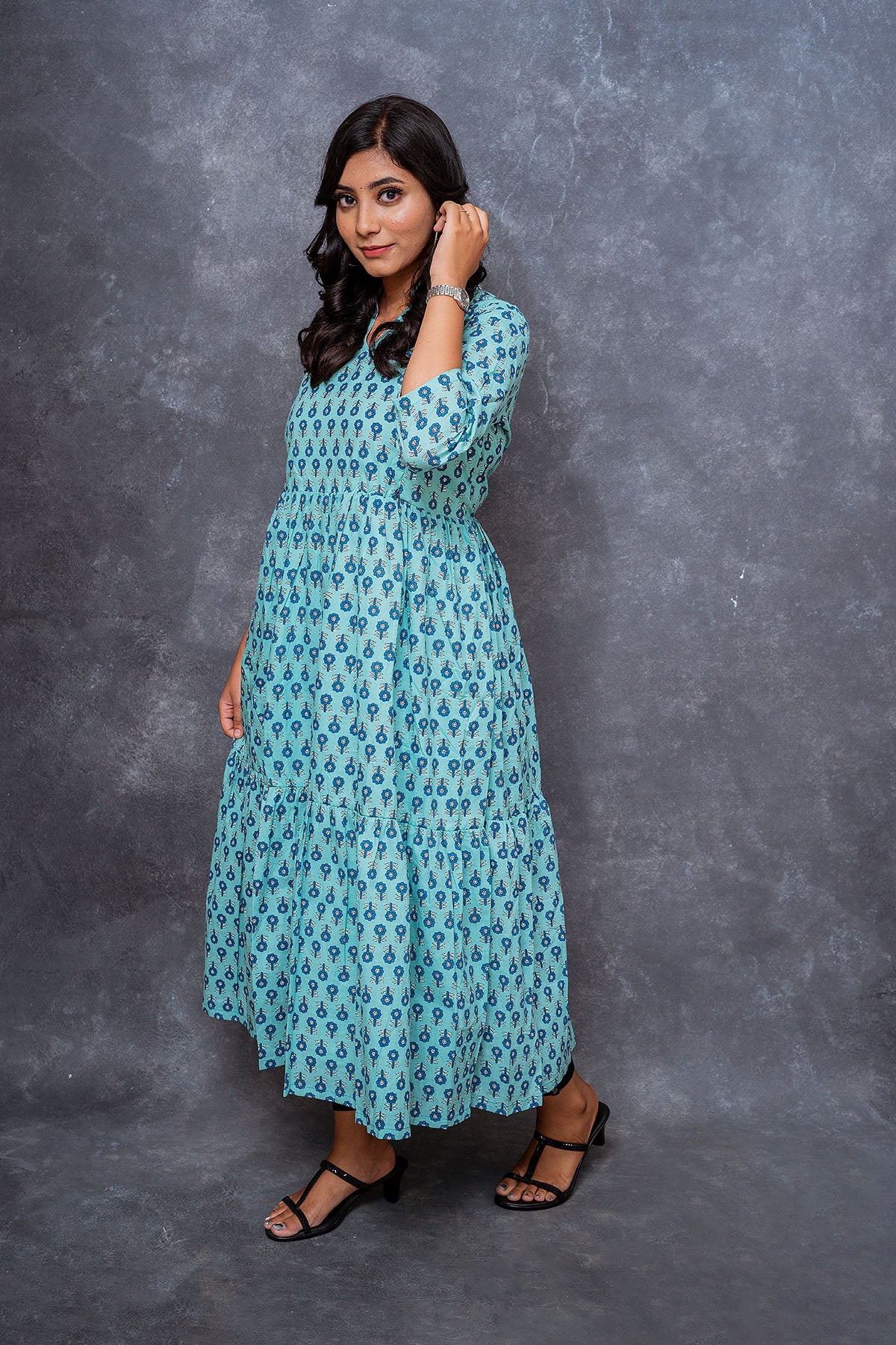 Blue Tiered Collar Neck Maternity Feeding Dress