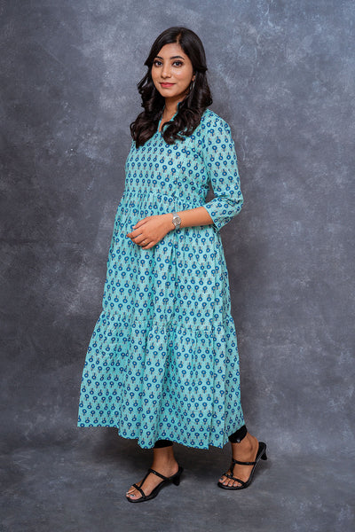 Blue Tiered Collar Neck Maternity Feeding Dress