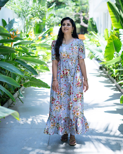 Vintage steel blue floral Maternity Feeding maxi dress