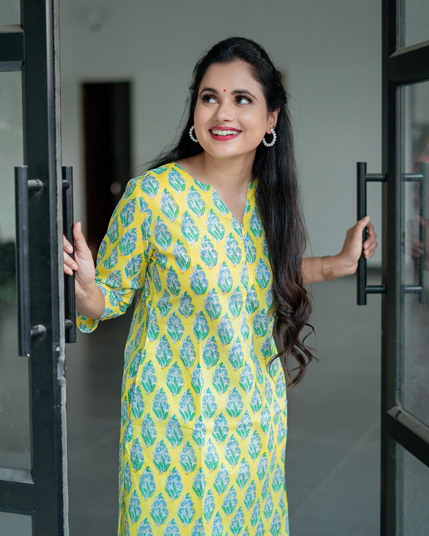 Yellow Bouquet Handblock printed Feeding Kurta