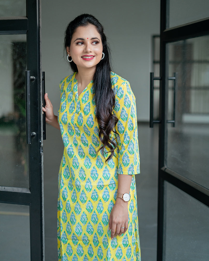 Yellow Bouquet Handblock printed Feeding Kurta