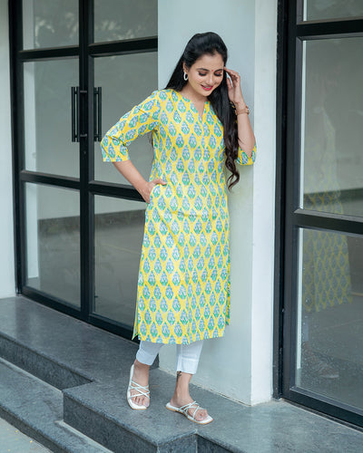 Yellow Bouquet Handblock printed Feeding Kurta