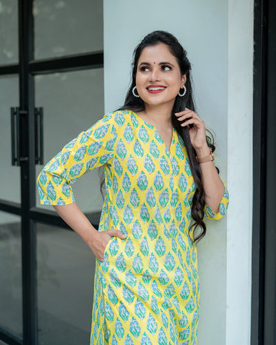 Yellow Bouquet Handblock printed Feeding Kurta