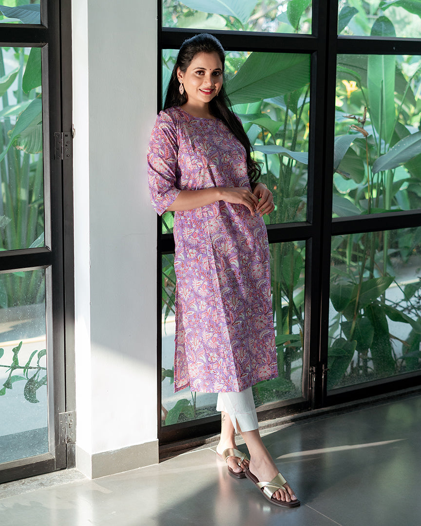 Lavender handblock printed feeeding kurta