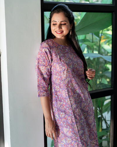 Lavender handblock printed feeeding kurta