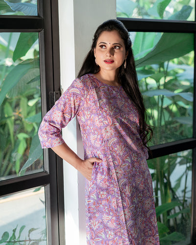 Lavender handblock printed feeeding kurta