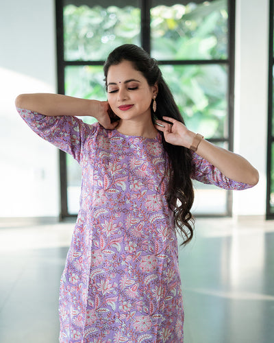 Lavender handblock printed feeeding kurta