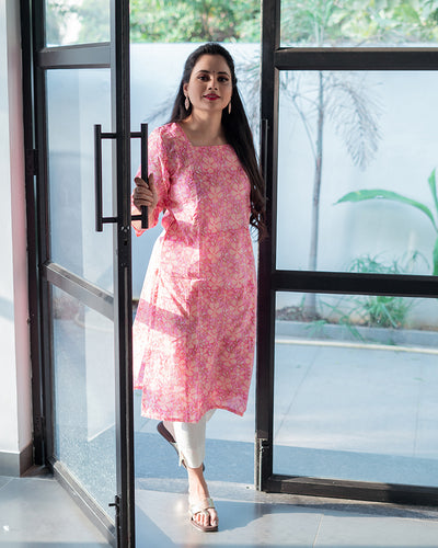 Pink Floral Handblock printed Feeding Kurta