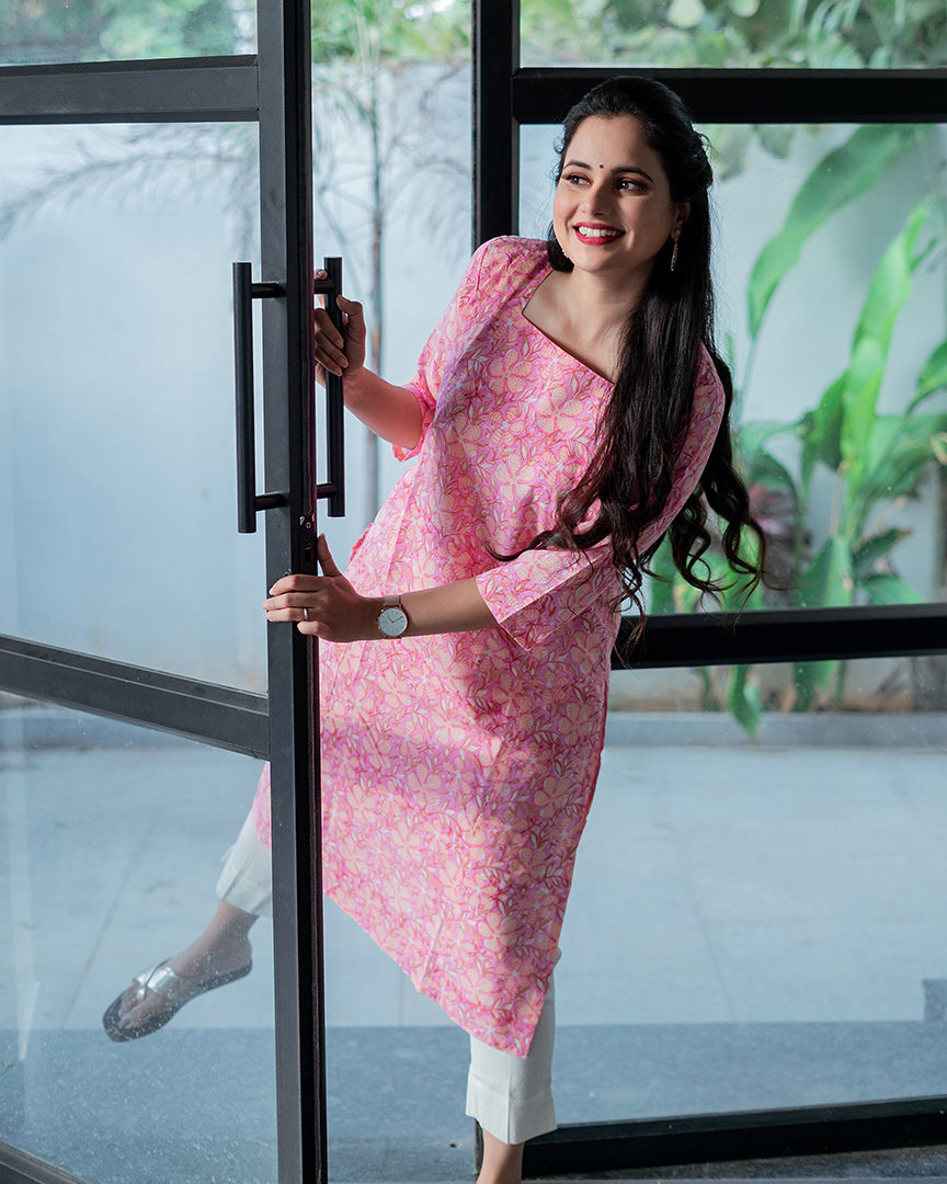 Pink Floral Handblock printed Feeding Kurta