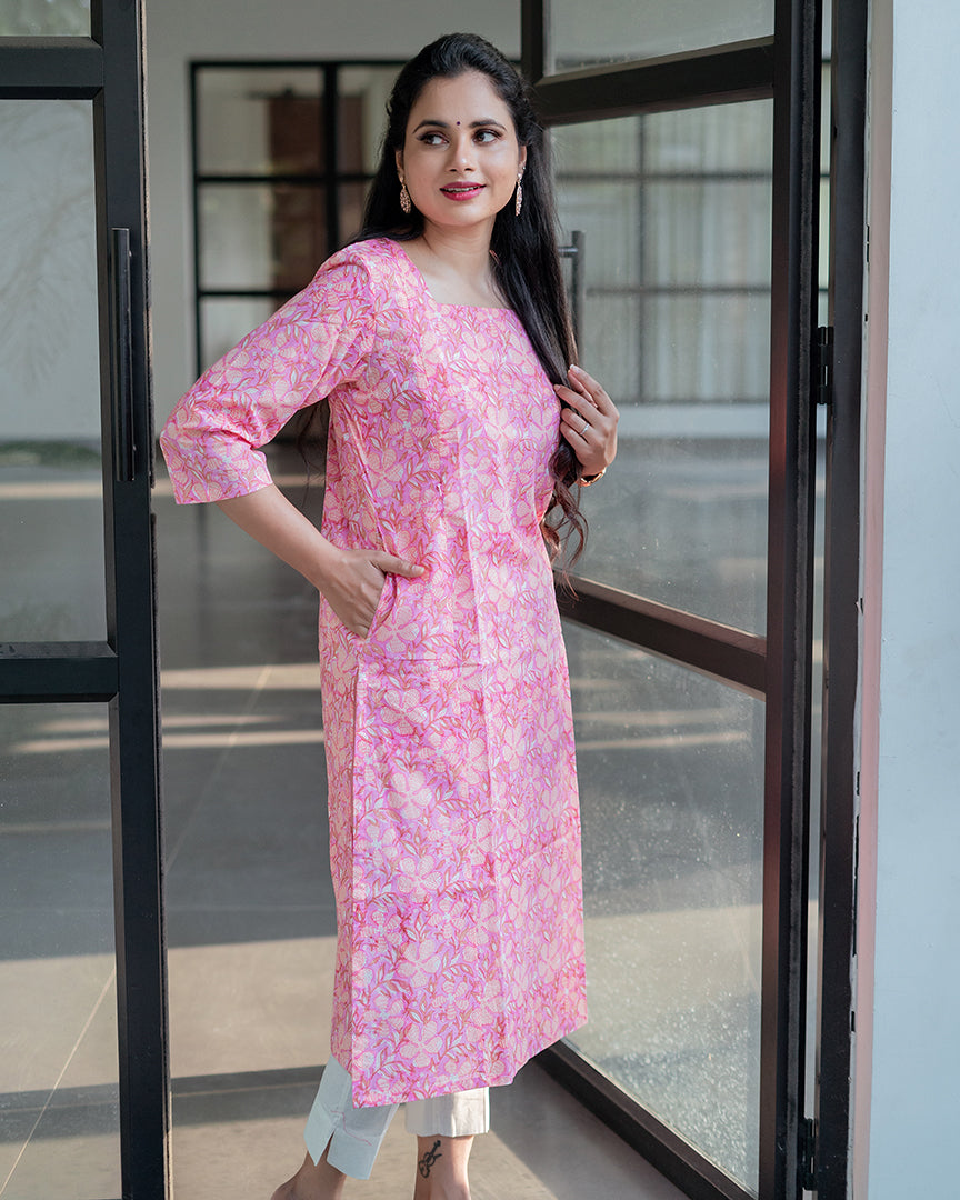 Pink Floral Handblock printed Feeding Kurta