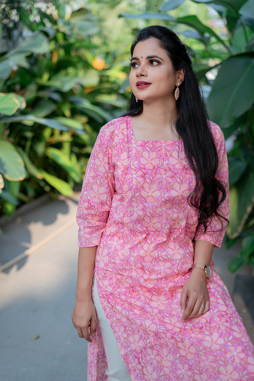 Pink Floral Handblock printed Feeding Kurta