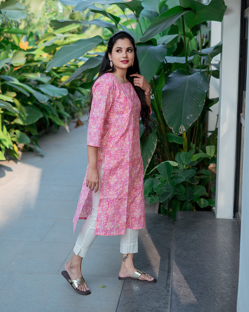 Pink Floral Handblock printed Feeding Kurta